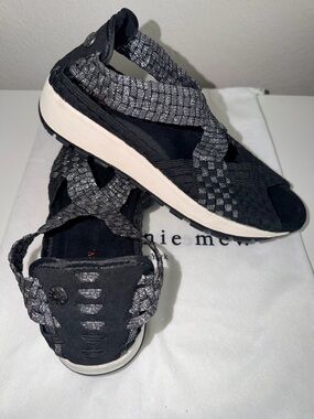 bernie mev. Black and Gray Woven Elastic Sandals